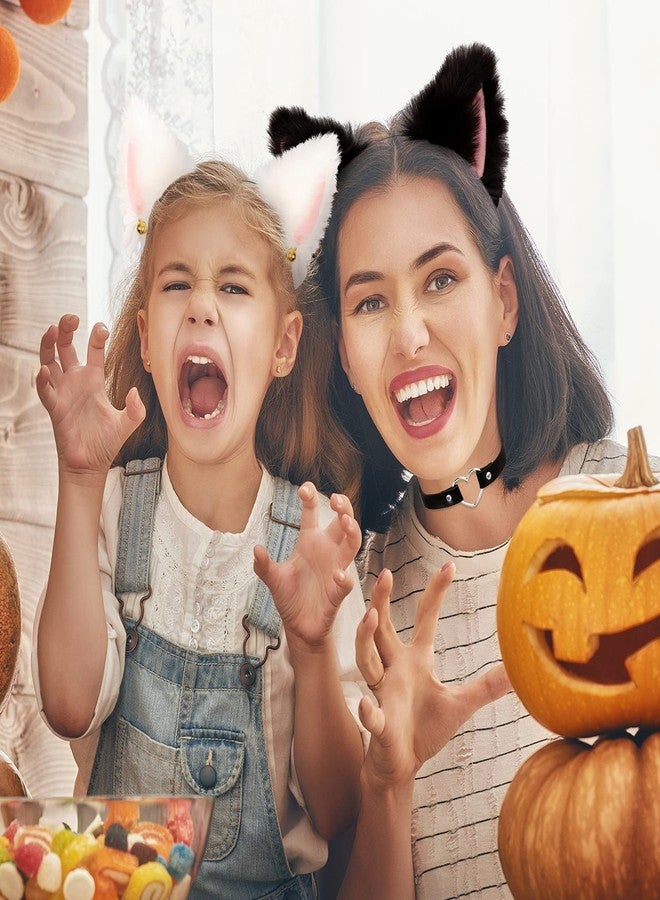 Whaline 3pcs Cat Ear Headband with Heart Chocker Necklace White Black Plush Furry Cat Ear Hair Band with Ribbon Bow Bell for Girls Women Adult Cosplay Party Fancy Dress Halloween Drama - Image 5